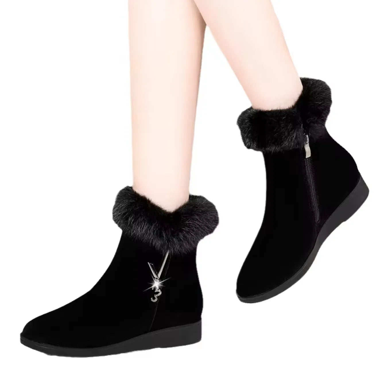 Bottes Mode Femme Hiver Noires avec Fourrure